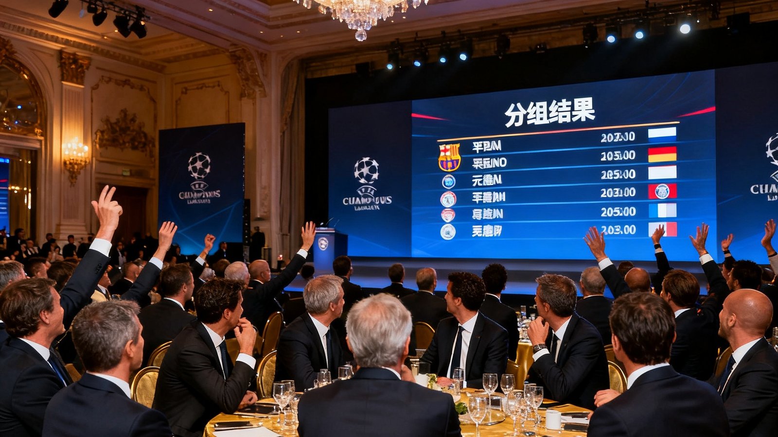 欧冠小组赛抽签仪式现场照片：各队代表坐在蒙特卡洛的豪华宴会厅中，大屏幕正在滚动显示分组结果，巴萨与拜仁被分入同一小组引发全场惊呼。