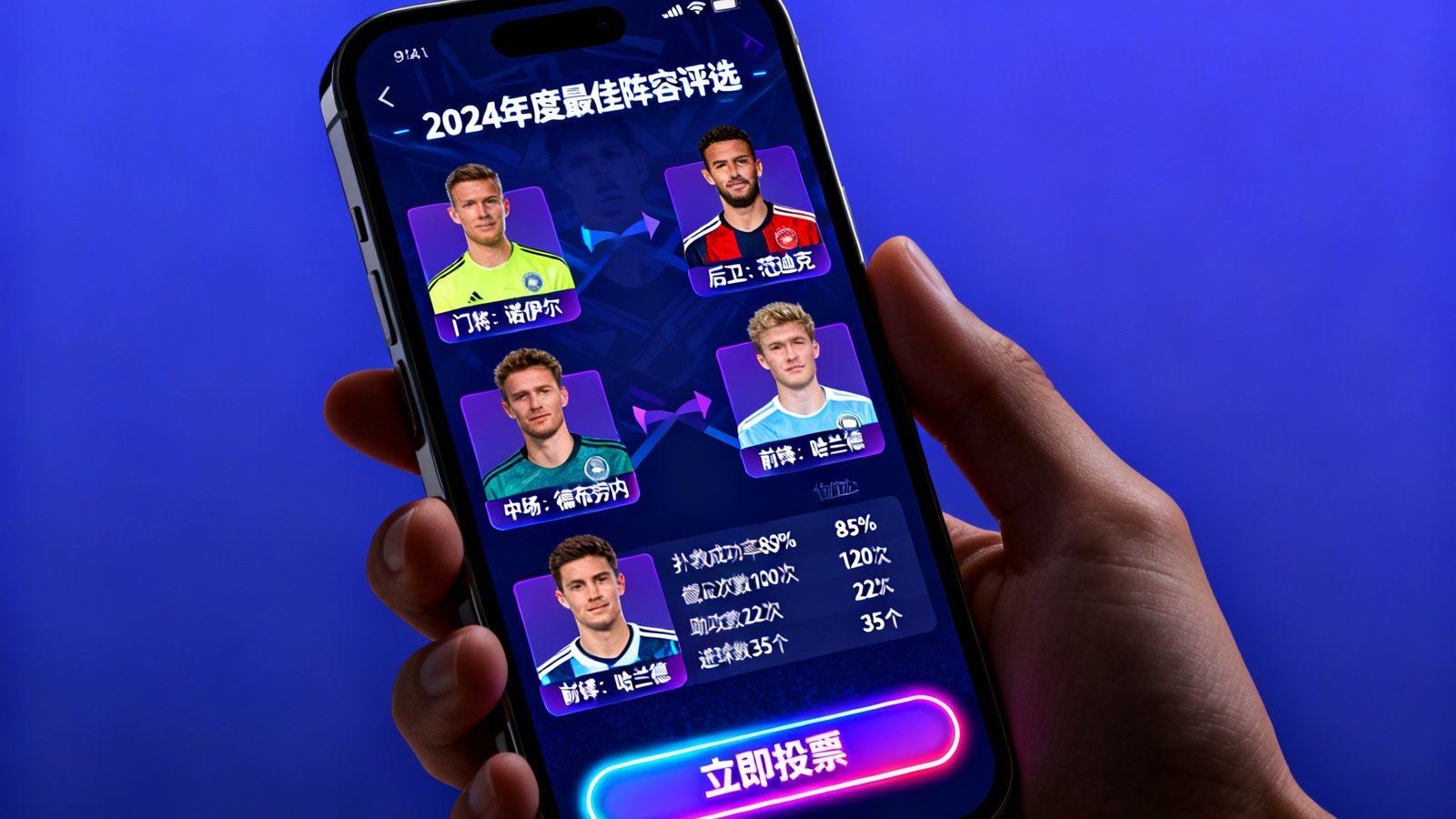 2024年度最佳阵容评选活动页面：球迷正在手机端参与投票，界面上展示着各位置候选球员的头像和数据对比，投票按钮采用霓虹渐变设计。